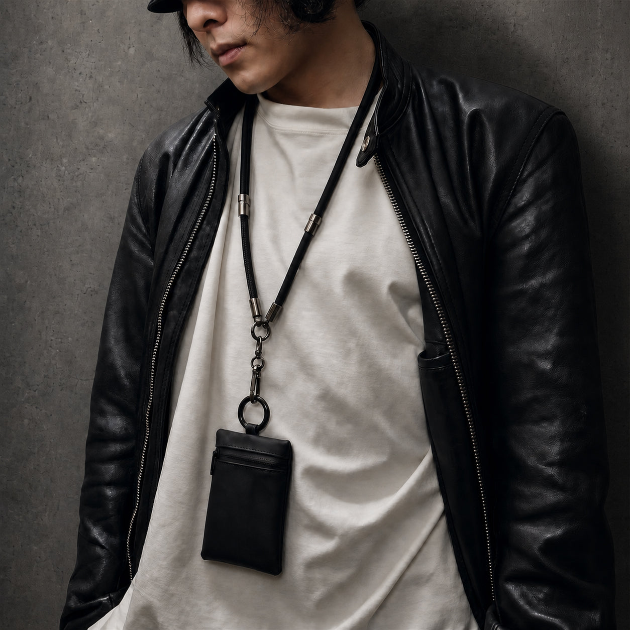 Eimless 2Wayストラップと黒いミニポーチを首掛けした男性