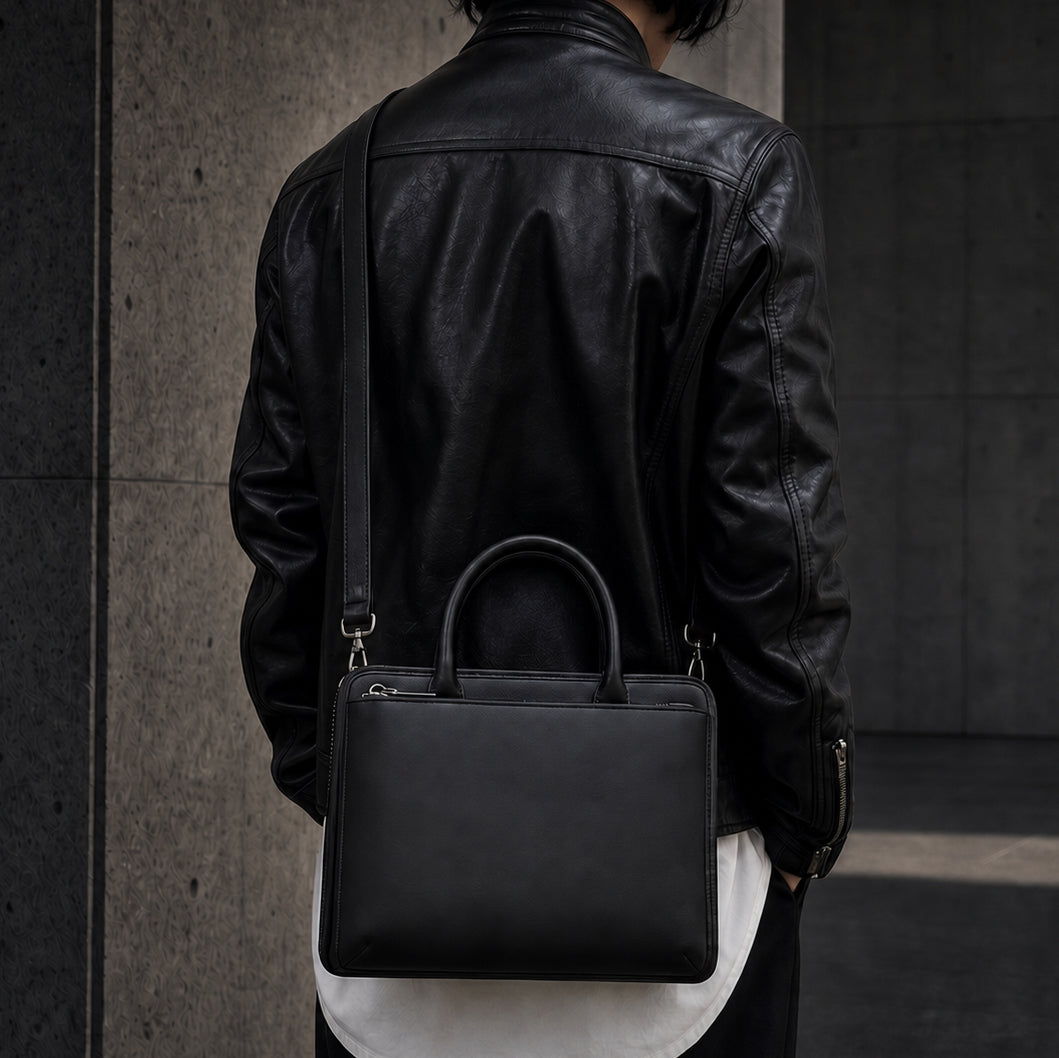 黒の2Way ミニバッグを肩掛けした人物の後ろ姿