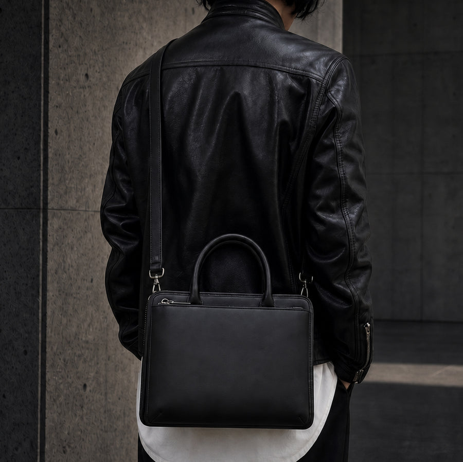 黒の2Way ミニバッグを肩掛けした人物の後ろ姿
