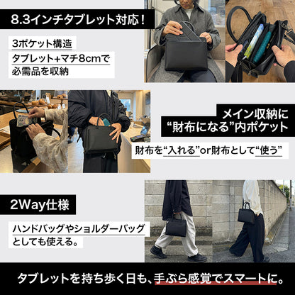 黒の2Way ミニバッグの8.3インチタブレット収納例、3ポケット・財布機能・手持ちと肩掛けの説明