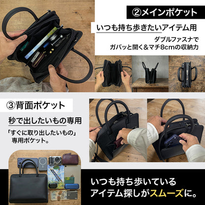 黒の2Way ミニバッグのメインポケットと背面ポケットに、スマートフォンや財布などを分けて収納した例
