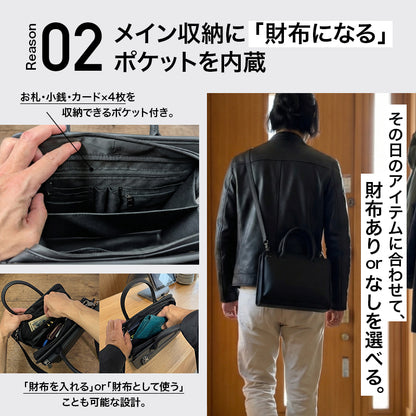 黒の2Way ミニバッグのお札・小銭・カード用内ポケットと、肩掛けでの使用例